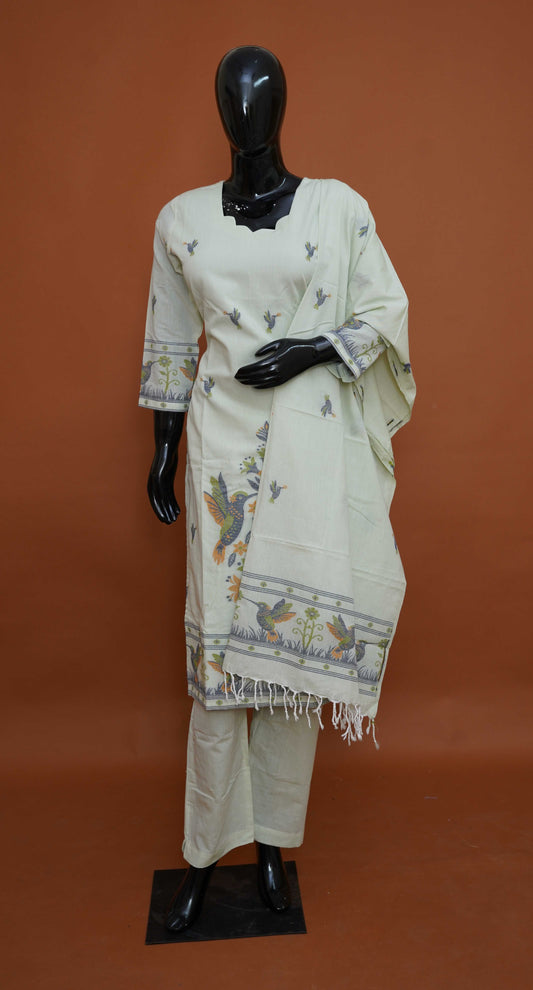 Light Pistachio Premium Pure Cotton Jamdani 3-Piece Ready-to-Wear Dress Set – Medium to 3XL