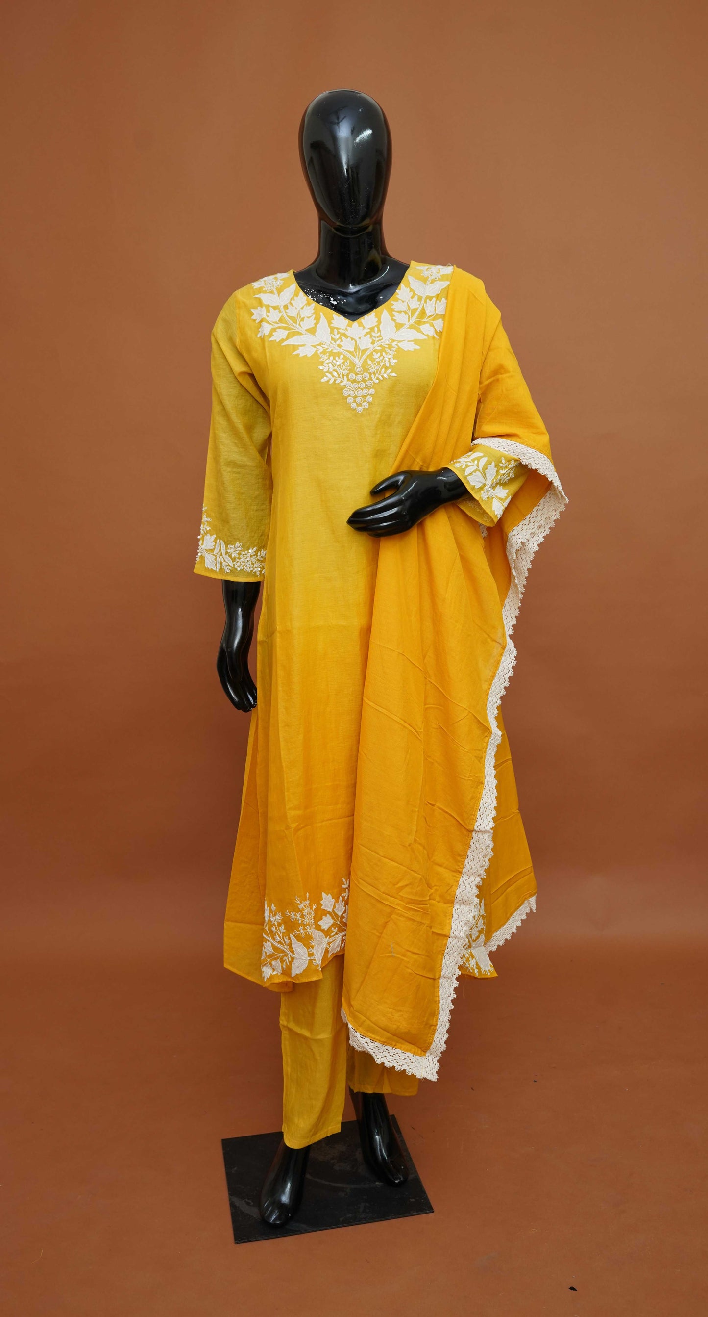 Yellow Premium Mul Chanderi 3-Piece Readymade Salwar Suit Set – Medium to 3XL