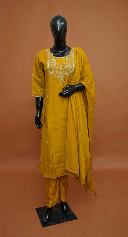 Mustard Yellow Premium Mul Silk 3-Piece Readymade Salwar Suit Set – Large to 2XL