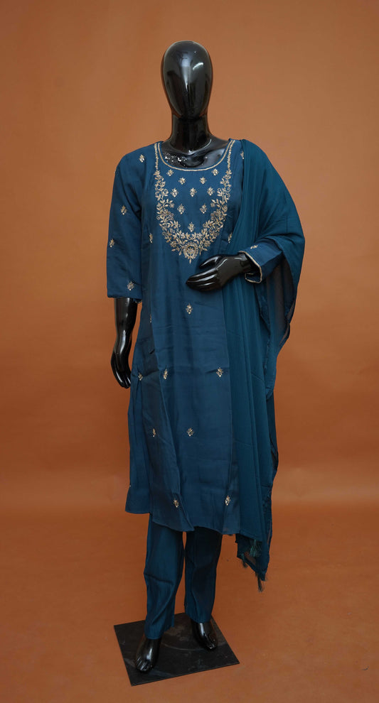 Deep Teal Blue Premium Mul Silk 3-Piece Readymade Salwar Suit Set – Large to 2XL