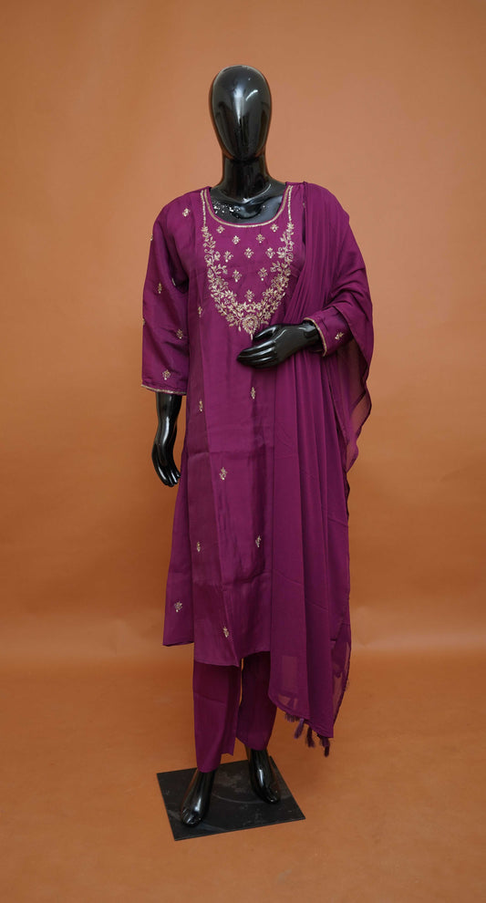Purple Premium Mul Silk 3-Piece Readymade Salwar Suit Set – Large to 2XL