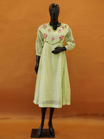 Handloomed Mint Green Kota Cotton Anarkali Kurta Dress with Rose Thread Work – Medium