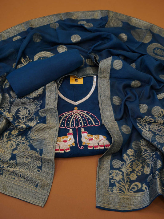 Ink Blue Dola Silk 3-Piece Dress Material with Zari Weave & Embroidered Elephant Yoke