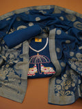 Ink Blue Dola Silk 3-Piece Dress Material with Zari Weave & Embroidered Elephant Yoke