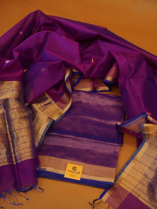 Handloom Dual-Tone Purple Maheshwari Silk 2-Piece Dress Material with Zari Borders