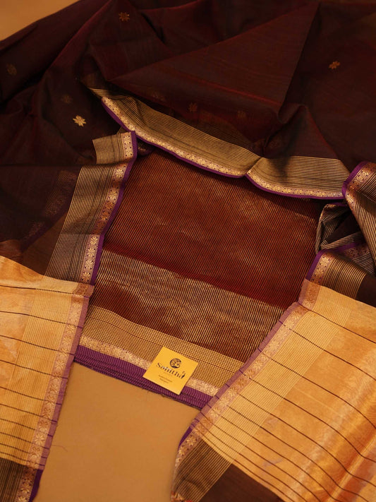 Handloom Deep Wine Maheshwari Silk 2-Piece Dress Material with Gold Zari Borders