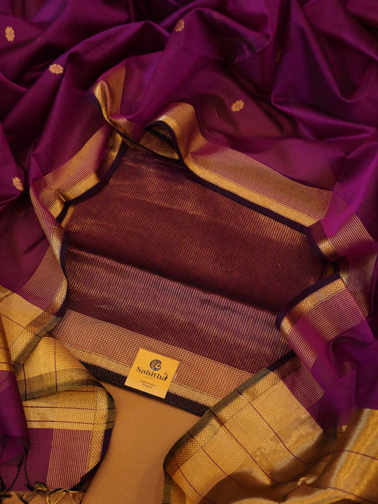 Handloom Magenta Pink Maheshwari Silk 2-Piece Dress Material with Gold Zari Borders