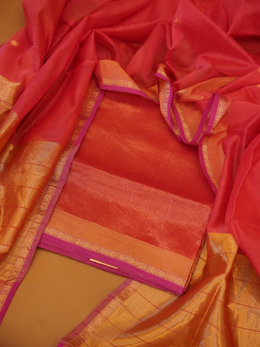 Handloom Coral Peach Pink Maheshwari Silk 2-Piece Dress Material with Gold Zari Borders