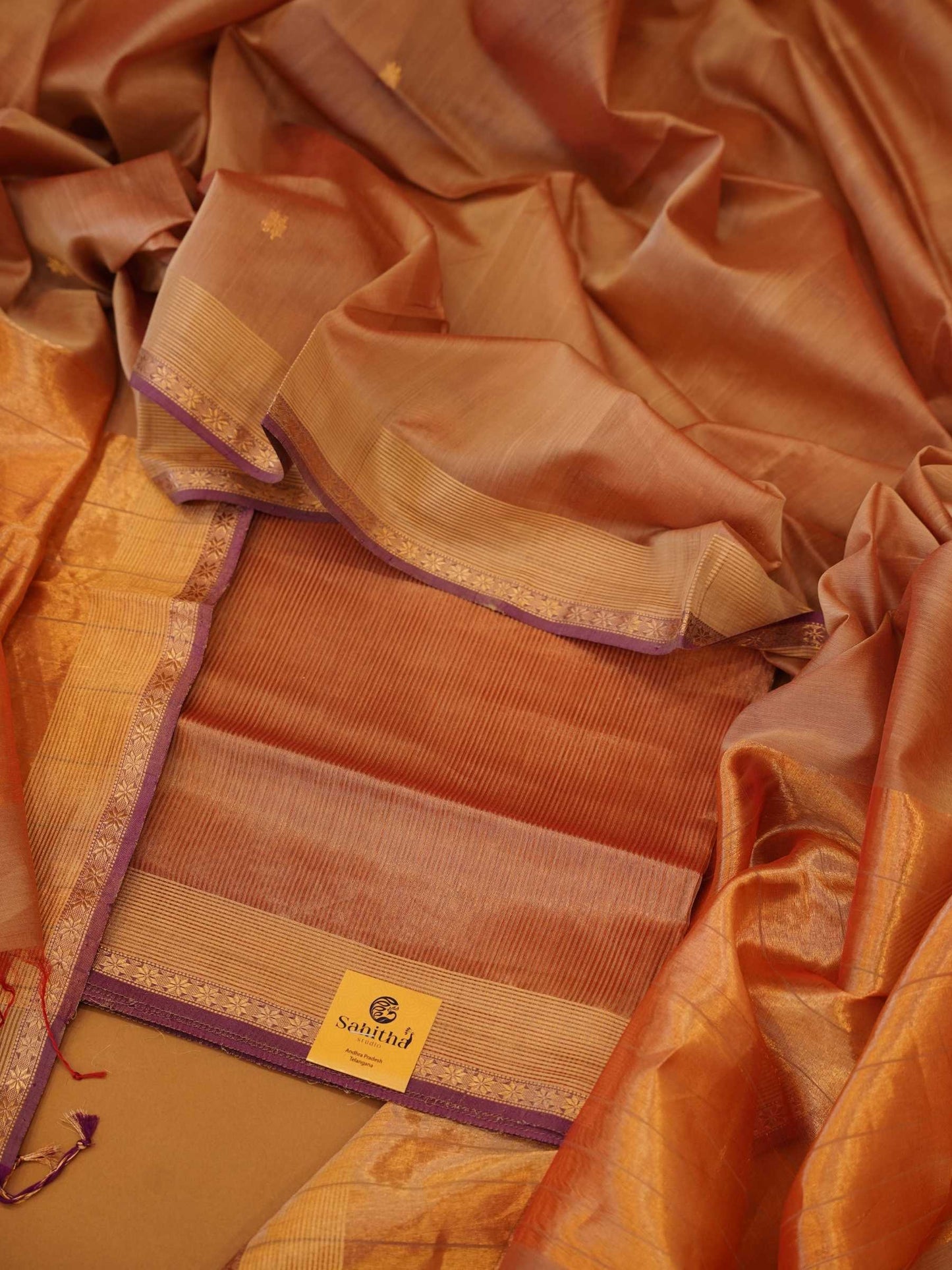 Handloom Metallic Copper-Bronze Maheshwari Silk 2-Piece Dress Material with Gold Zari Borders