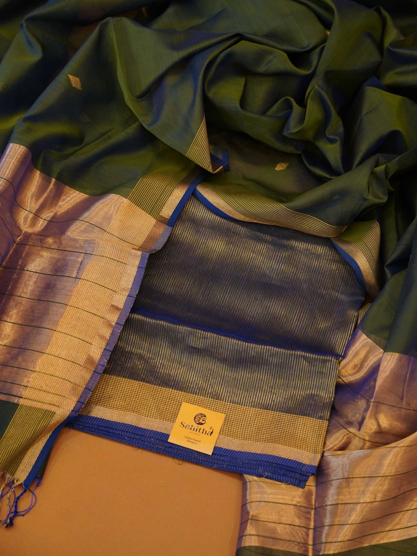 Handloom Bottlegreen & Indigo Maheshwari Silk 2-Piece Dress Material with Gold Zari Borders