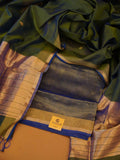 Handloom Bottlegreen & Indigo Maheshwari Silk 2-Piece Dress Material with Gold Zari Borders