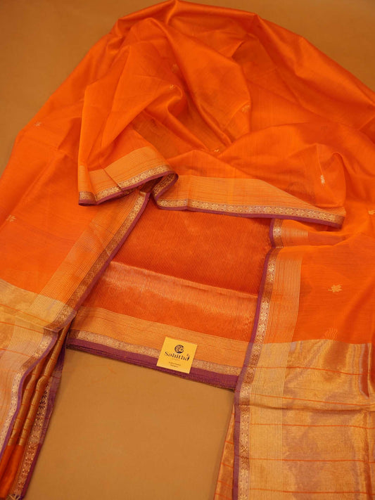 Handloom Vibrant Tangerine Orange Maheshwari Silk 2-Piece Dress Material with Gold Zari Borders