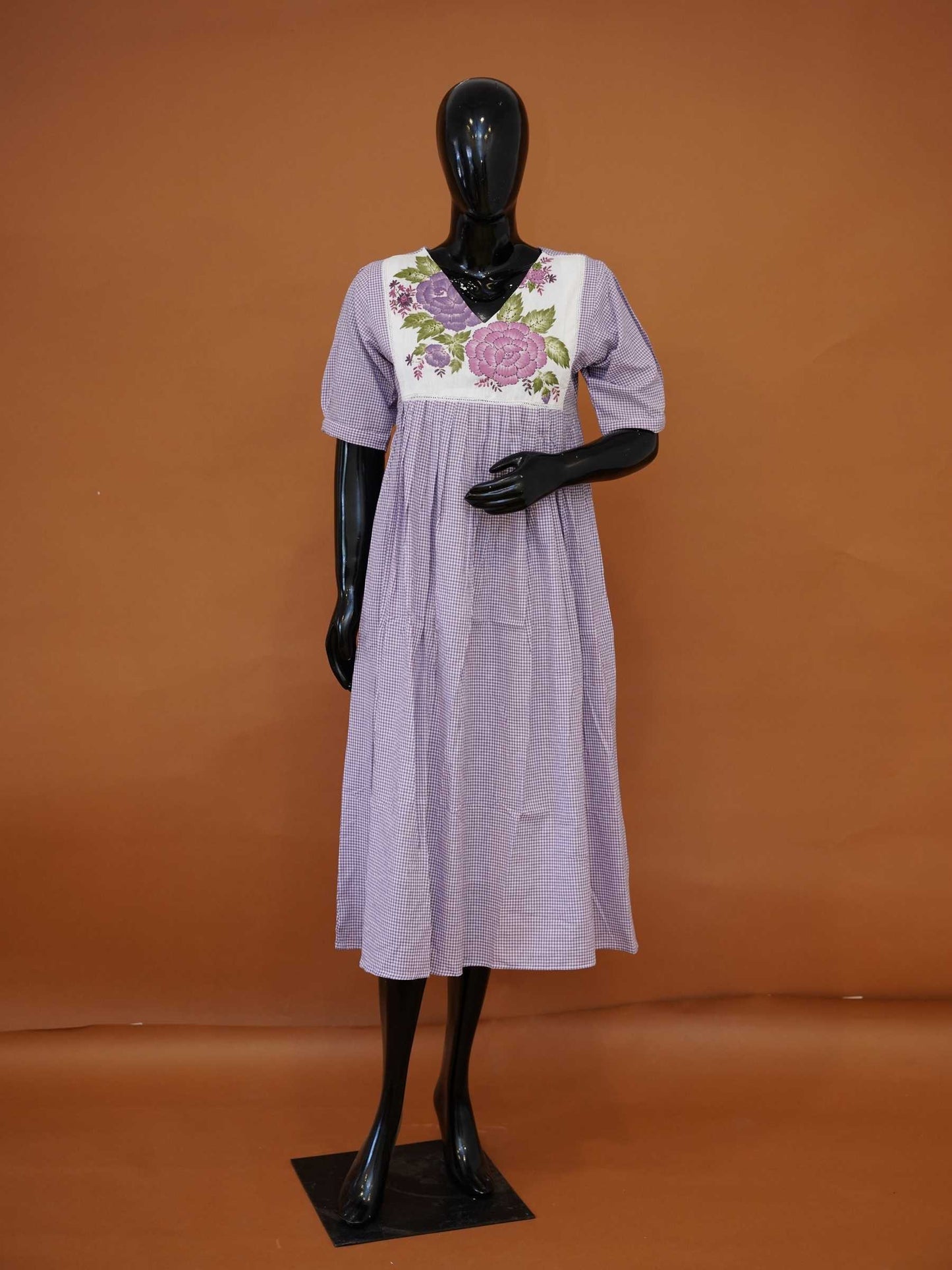 Handloom Lavender Gingham Mul Cotton Frock Kurti | Embroidered Floral Midi Dress - Medium to 3XL