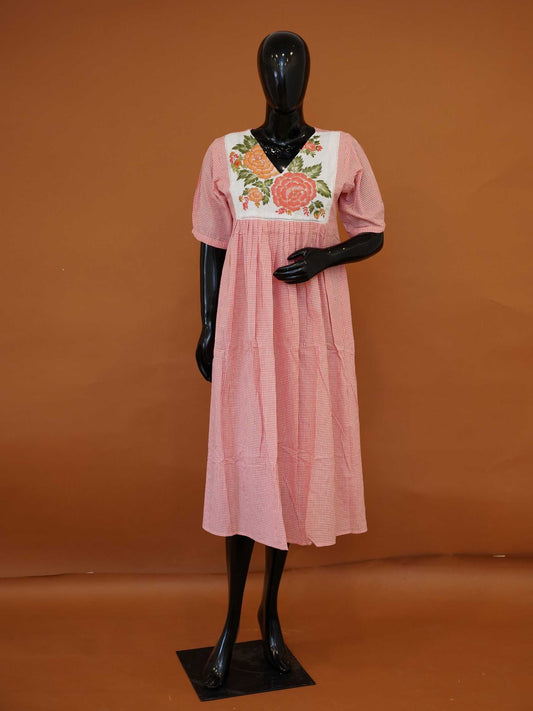 Handloom Coral Pink Gingham Mul Cotton Frock Kurti | Embroidered Rose Midi Dress - Medium to 3XL