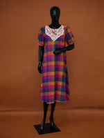Madras Checks Cotton Midi Dress with Embroidered Applique Yoke - Medium to 2XL