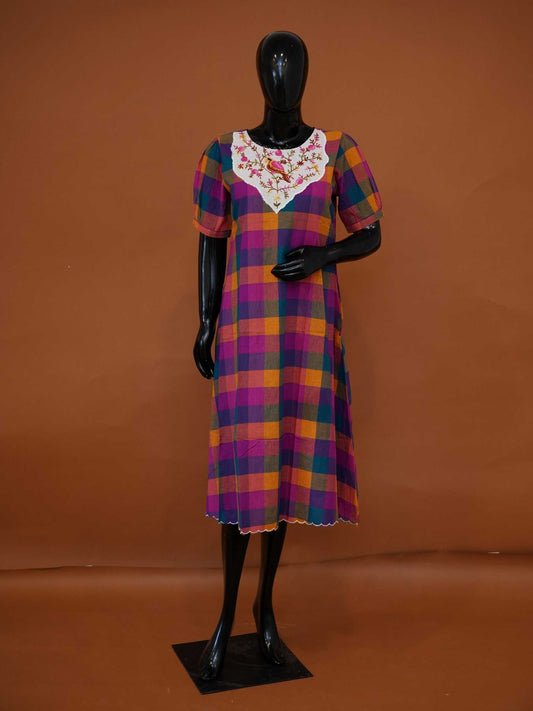 Madras Checks Cotton Midi Dress with Embroidered Applique Yoke - Medium to 2XL