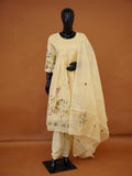 Handloomed Cream Silk Kota 3-Piece Flared Kurta Set with Woven Birds & Floral Art – M to 3XL