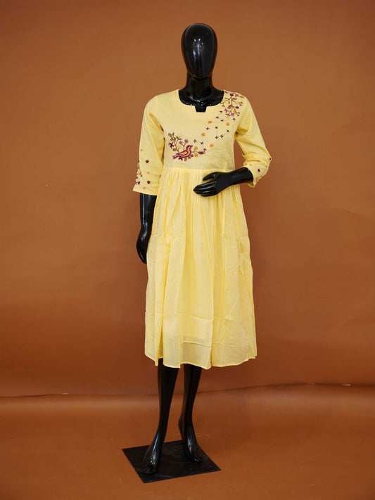 Handloomed Canary Yellow Mul Cotton Frock Kurti | Embroidered Bird Motif Midi Dress - Medium to 3XL