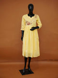 Handloomed Canary Yellow Mul Cotton Frock Kurti | Embroidered Bird Motif Midi Dress - Medium to 3XL