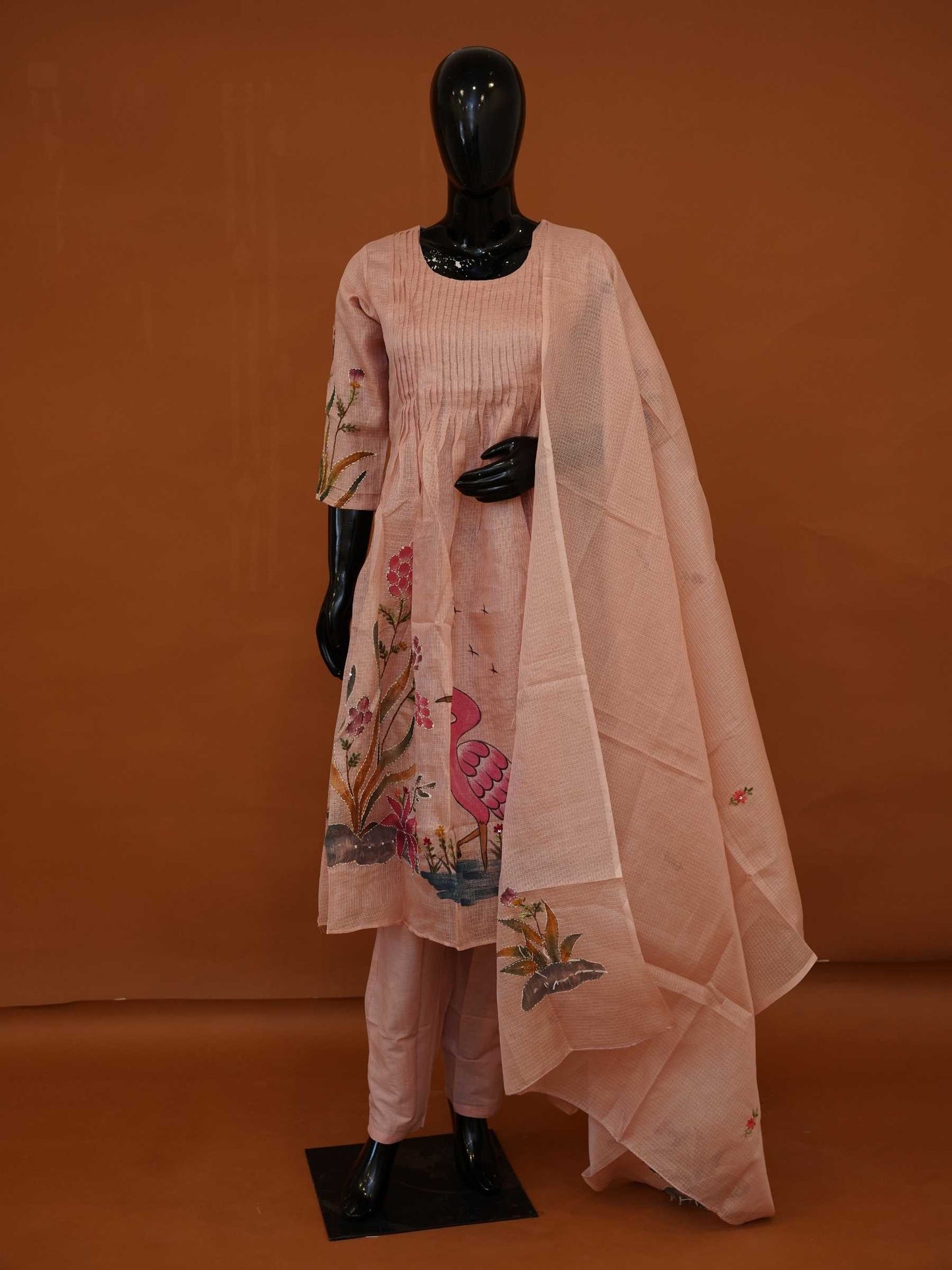Handloomed Blush Pink Silk Kota 3-Piece Flared Kurta Set with Woven Flamingo & Lotus Art – M to 3XL