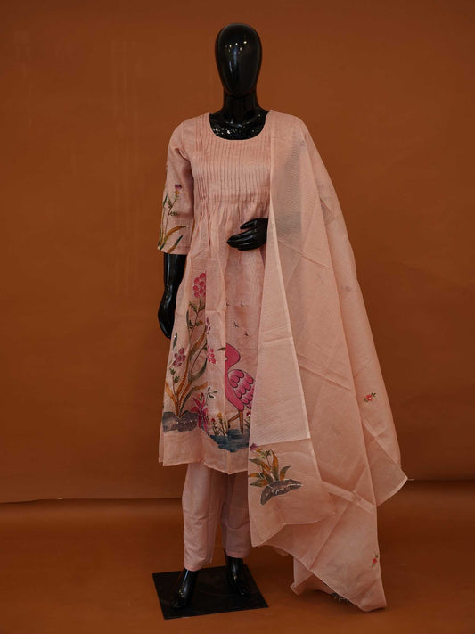 Handloomed Blush Pink Silk Kota 3-Piece Flared Kurta Set with Woven Flamingo & Lotus Art – M to 3XL
