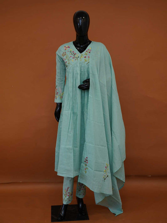 Handloomed Sea Green Mul Cotton 3-Piece Alia-cut dress with Botanical Embroidery – M to 6XL