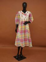 Madras Checks Cotton Yellow Midi Dress with Embroidered Applique Yoke - Medium to 3XL