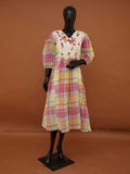 Madras Checks Cotton Yellow Midi Dress with Embroidered Applique Yoke - Medium to 3XL