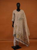 Handloomed Beige Jamdani Cotton 3-Piece Suit with Woven Artisan Village Scene – M to 3XL