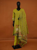 Handloomed Olive Green Jamdani Cotton 3-Piece Suit with Woven Artisan Village Scene – M to 3XL