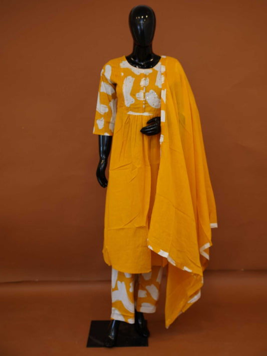 Handcrafted Mustard Yellow Jaipur Cotton 3-Piece Flared Kurta Set with Abstract Prints – M to 2XL
