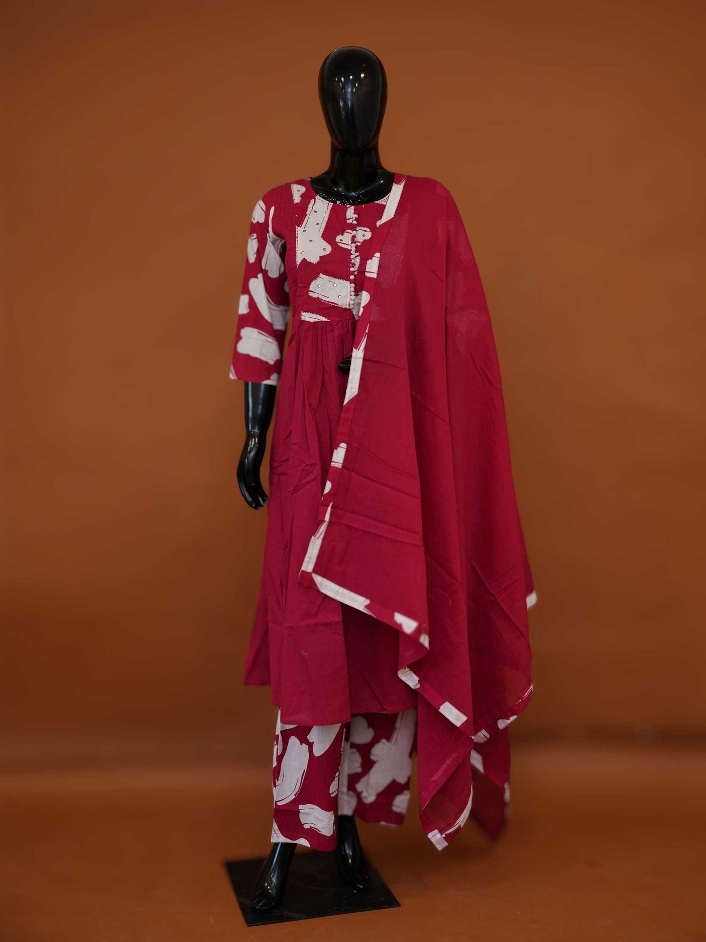 Handcrafted Jaipur Cotton 3-Piece Flared Kurta Set with Abstract Brushstroke Prints – M to 2XL