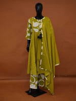 Handcrafted Olive Green Jaipur Cotton 3-Piece Flared Kurta Set with Abstract Prints – M to 2XL