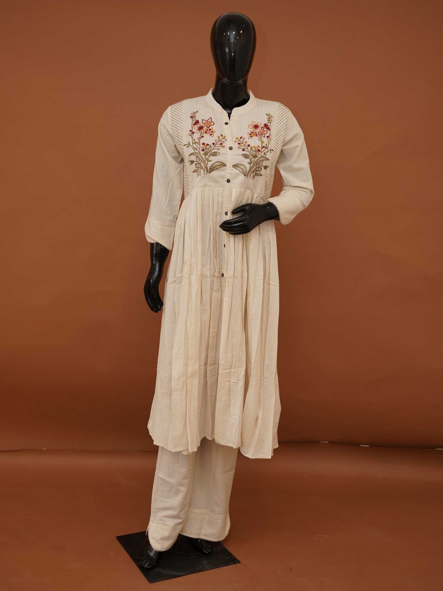 Handcrafted Ivory Flax Cotton Gathered Kurta Set with Detailed Floral Embroidery – M to XXL