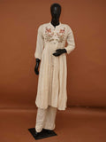 Handcrafted Ivory Flax Cotton Gathered Kurta Set with Detailed Floral Embroidery – M to XXL