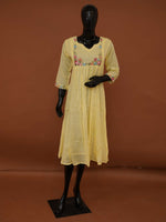 Handloomed Lemon Yellow Silk Kota Frock Kurti | Gathered Floral Midi Dress - Medium to XXL