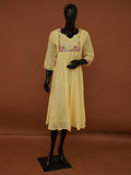 Handloomed Lemon Yellow Silk Kota Frock Kurti | Gathered Floral Midi Dress - Medium to XXL