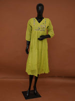 Handloomed Chartreuse Green Silk Kota Frock Kurti | Gathered Floral Midi Dress - Medium to 3XL
