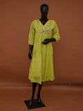 Handloomed Chartreuse Green Silk Kota Frock Kurti | Gathered Floral Midi Dress - Medium to 3XL