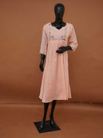 Handloomed Peach Silk Kota Frock Kurti | Gathered Floral Midi Dress- Medium to XXL