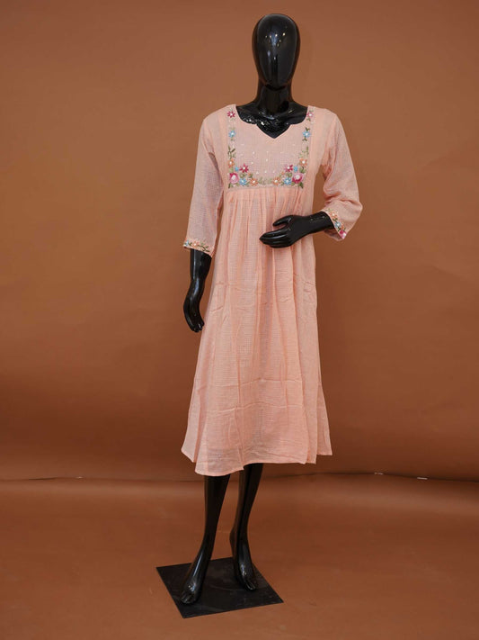 Handloomed Peach Silk Kota Frock Kurti | Gathered Floral Midi Dress- Medium to XXL