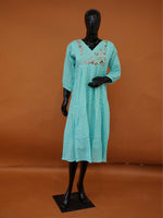 Handloomed Turquoise Silk Kota Frock Kurti | Gathered Floral Midi Dress - Medium to 3XL