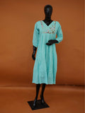 Handloomed Turquoise Silk Kota Frock Kurti | Gathered Floral Midi Dress - Medium to 3XL
