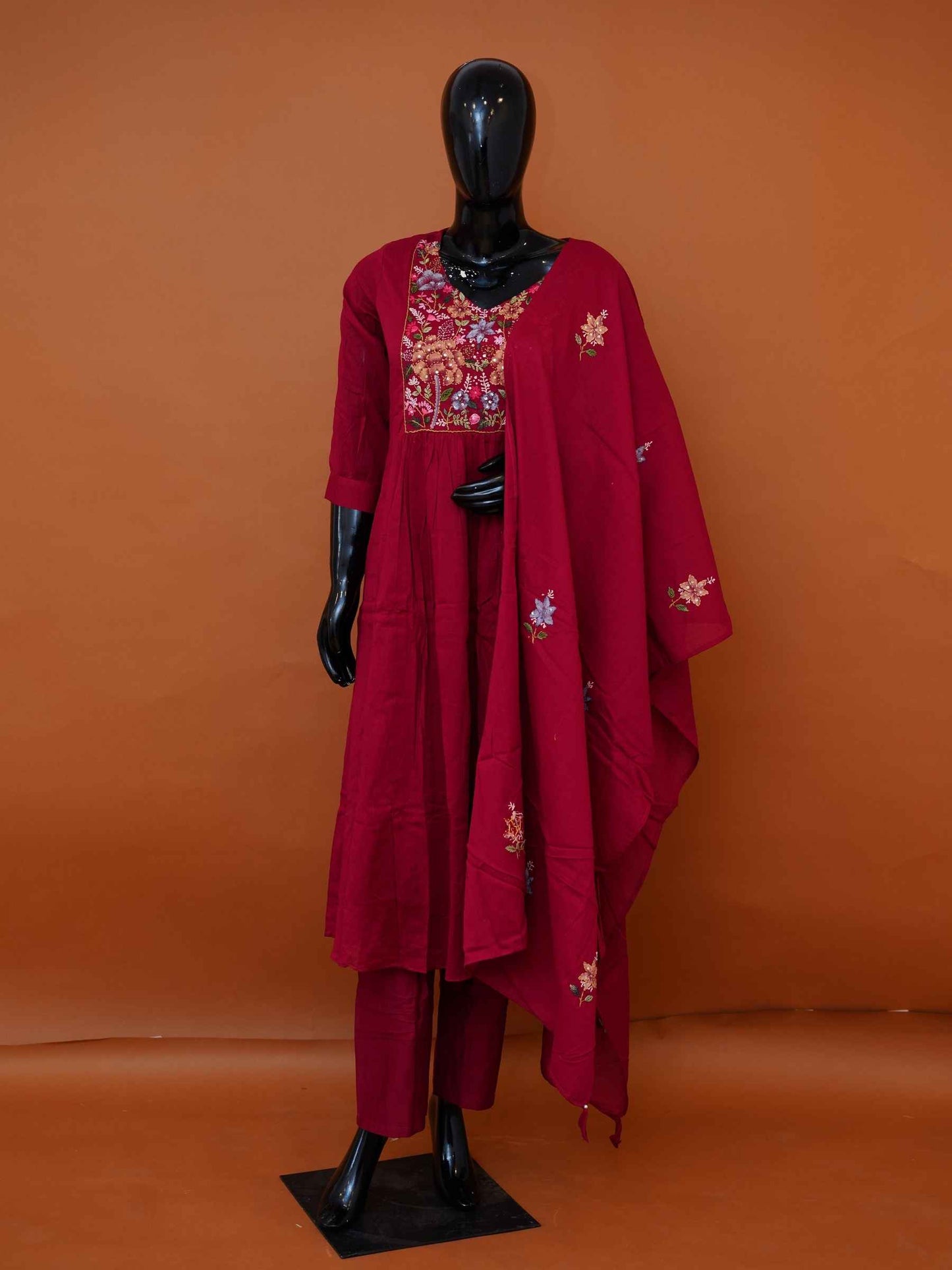 Maroon Mul Cotton 3-Piece Gathered Frock Kurta Set with Botanical Embroidery - Medium - XXL