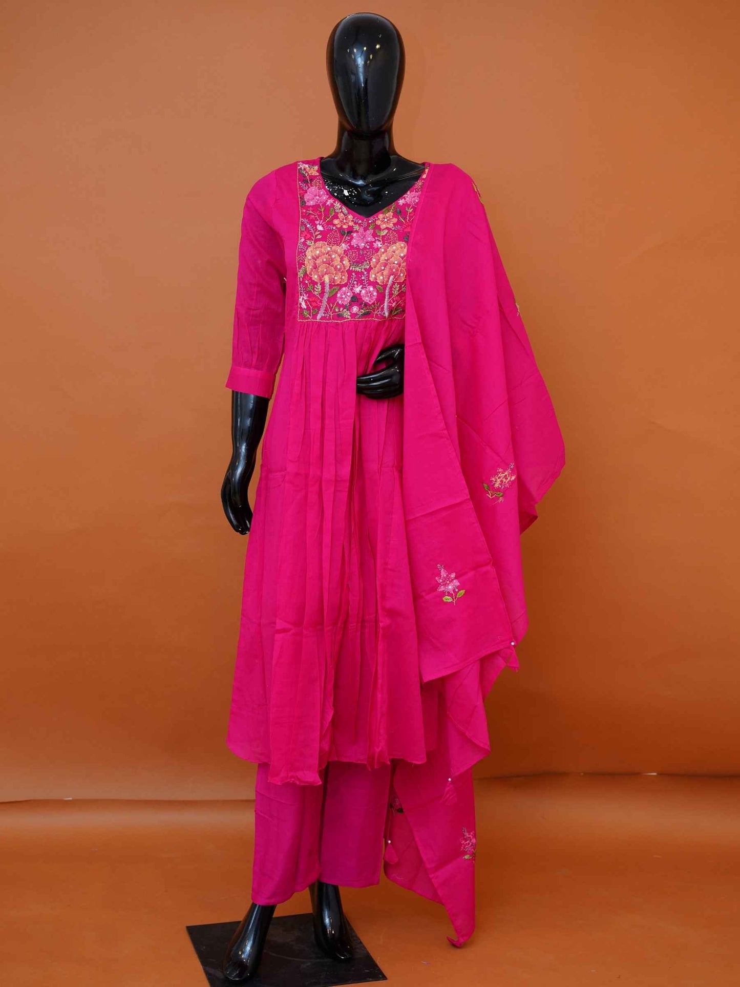 Rani Pink Mul Cotton 3-Piece Gathered Frock Kurta Set with Botanical Embroidery - Medium - XXL
