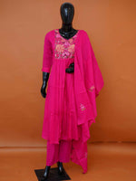 Rani Pink Mul Cotton 3-Piece Gathered Frock Kurta Set with Botanical Embroidery - Medium - XXL