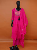 Rani Pink Mul Cotton 3-Piece Gathered Frock Kurta Set with Botanical Embroidery - Medium - XXL