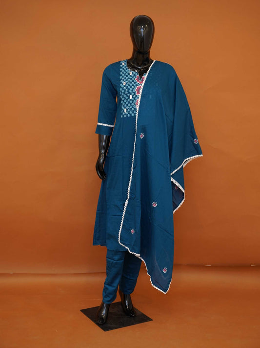 Teal Blue Mul Cotton 3-Piece Gathered Frock Kurta Set with Geometrical Embroidery - Medium - XXL