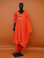 Rust Orange Mul Cotton 3-Piece Gathered Frock Kurta Set with Botanical Embroidery - Medium - XXL