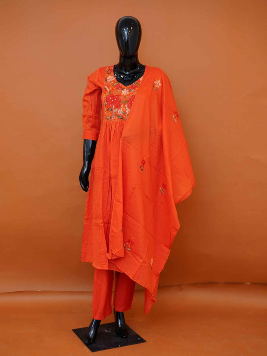 Rust Orange Mul Cotton 3-Piece Gathered Frock Kurta Set with Botanical Embroidery - Medium - XXL